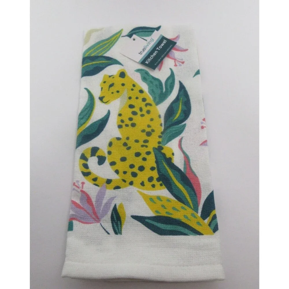 Tropical Kitchen Towels 2Pot Holder 3Pc Set Teal Yellow Jungle Big Cat NWT